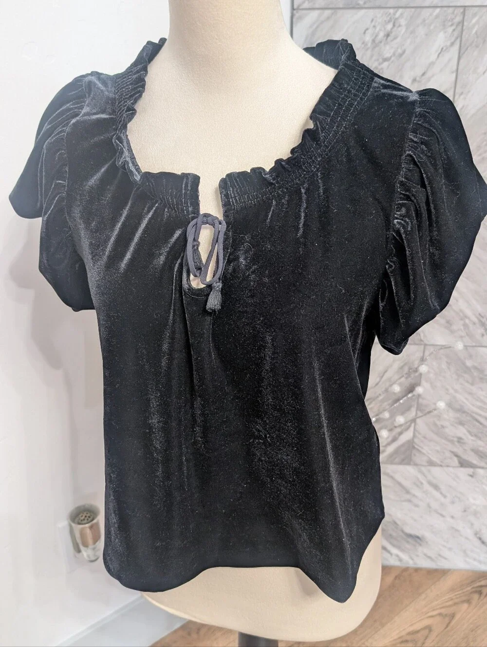 Black Velvet Tie-Neck Women's Top